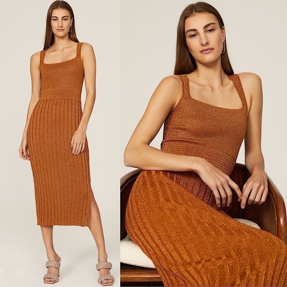 ESTEBAN CORTAZAR Bronze Metallic Ribbed Knit Bodycon Sleeveless Sweater Dress L - Picture 1 of 8